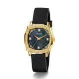 Guess watch with black strap and gold accents on a white background
