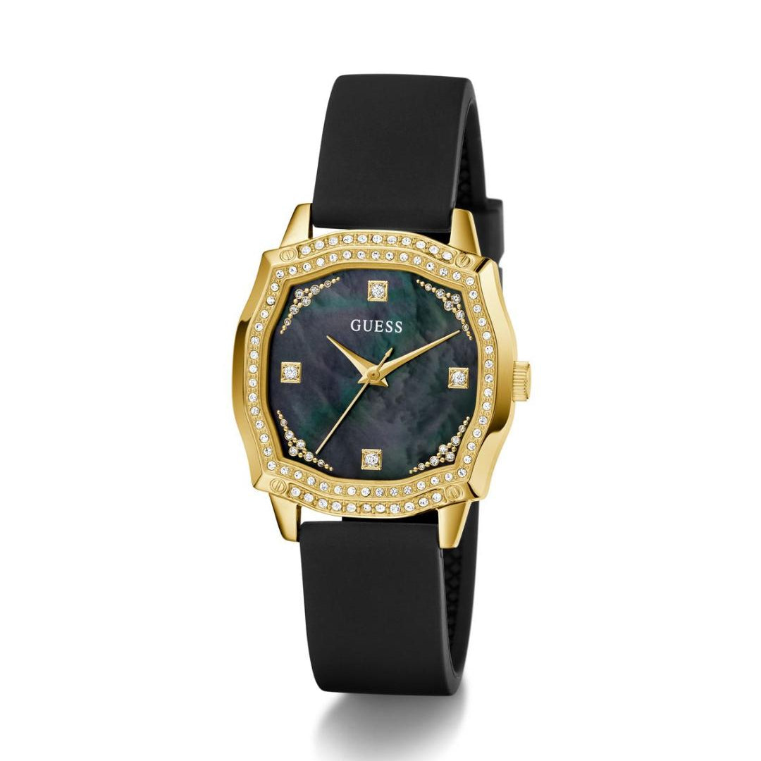 Guess watch with black strap and gold accents on a white background