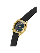 Gold and black watch with blue face on a white background