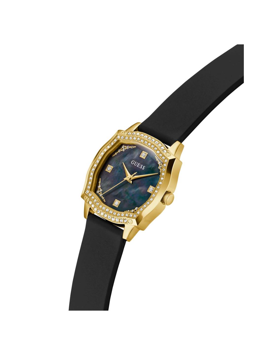 Gold and black watch with blue face on a white background