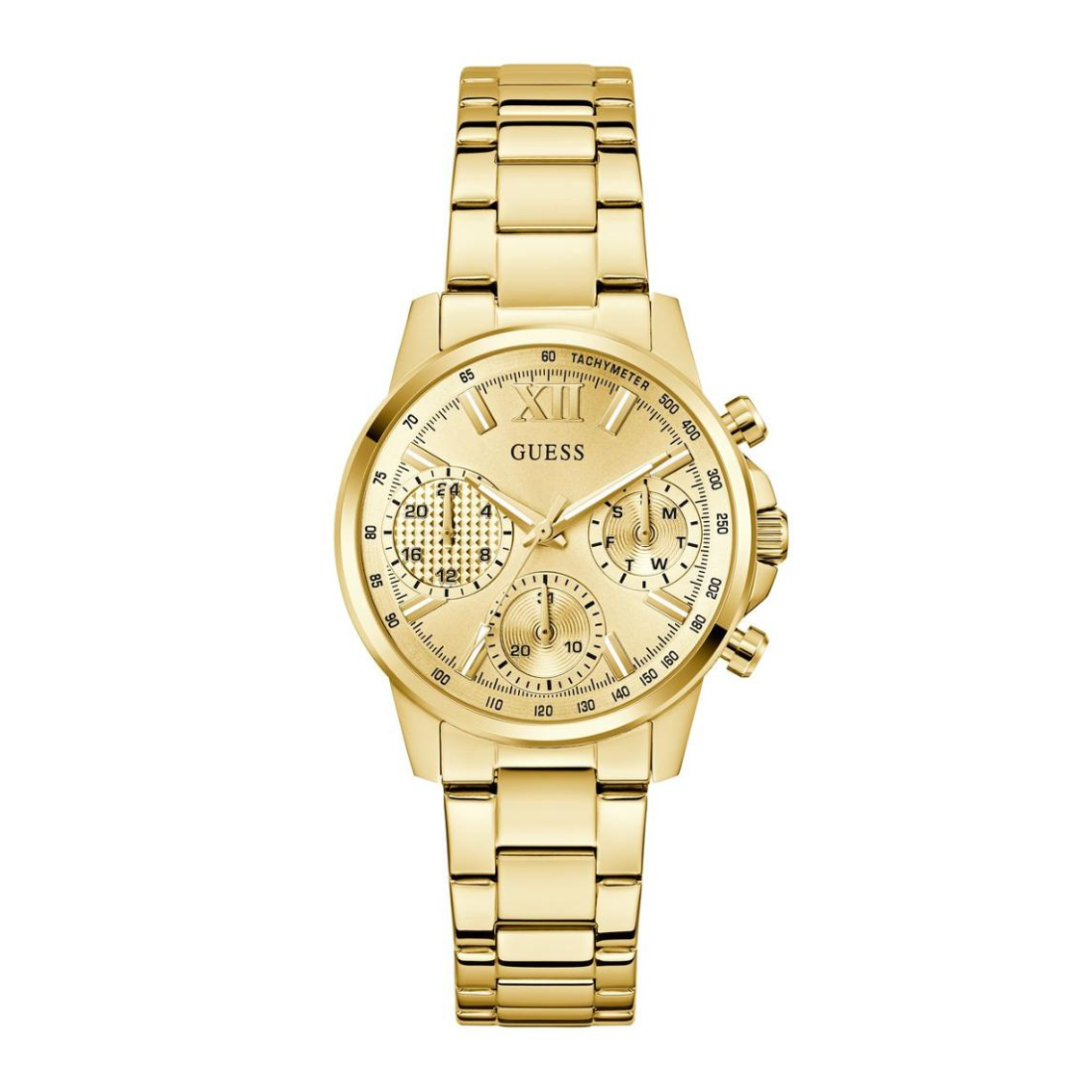 Gold wristwatch with a detailed face on a white background