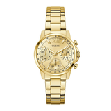 Gold wristwatch with a detailed face on a white background