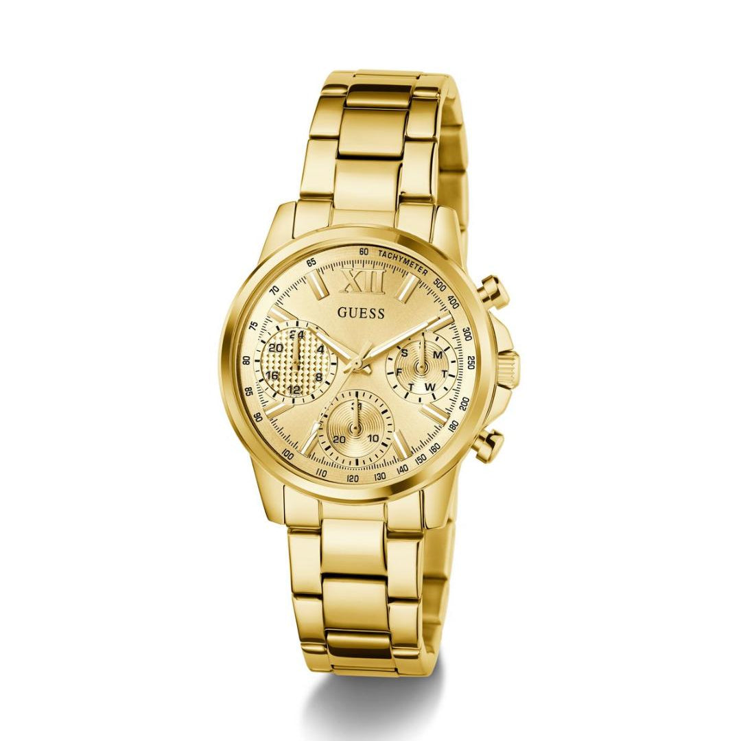 Gold watch with a detailed face on a white background