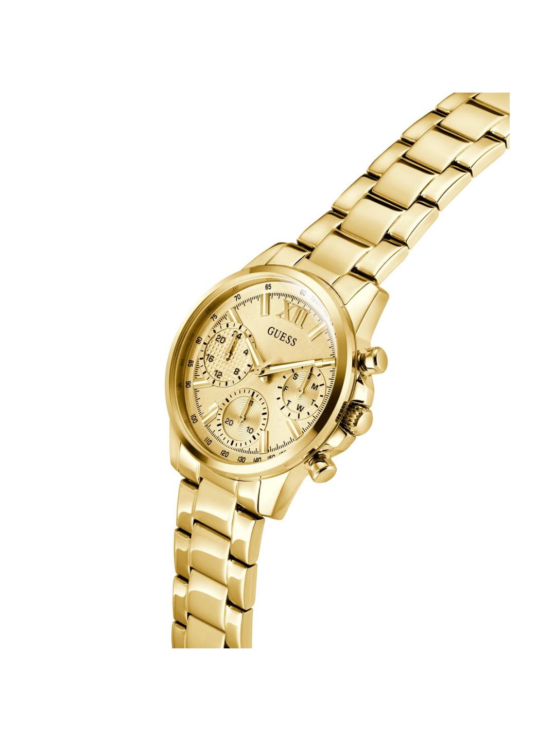 Gold watch with a detailed face on a white background