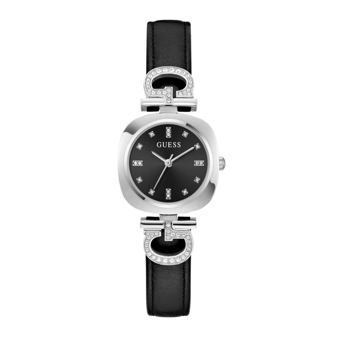 Guess watch with black leather strap and silver case on a white background