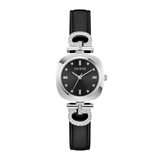 Guess watch with black leather strap and silver case on a white background