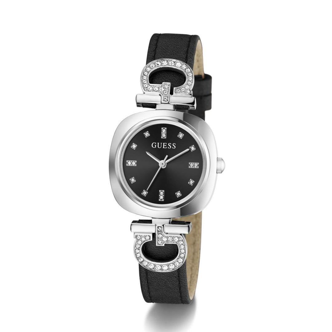Guess watch with black strap and silver case on a white background