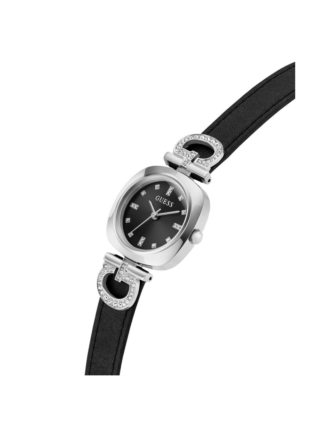 Black watch with silver accents and a black strap on a white background