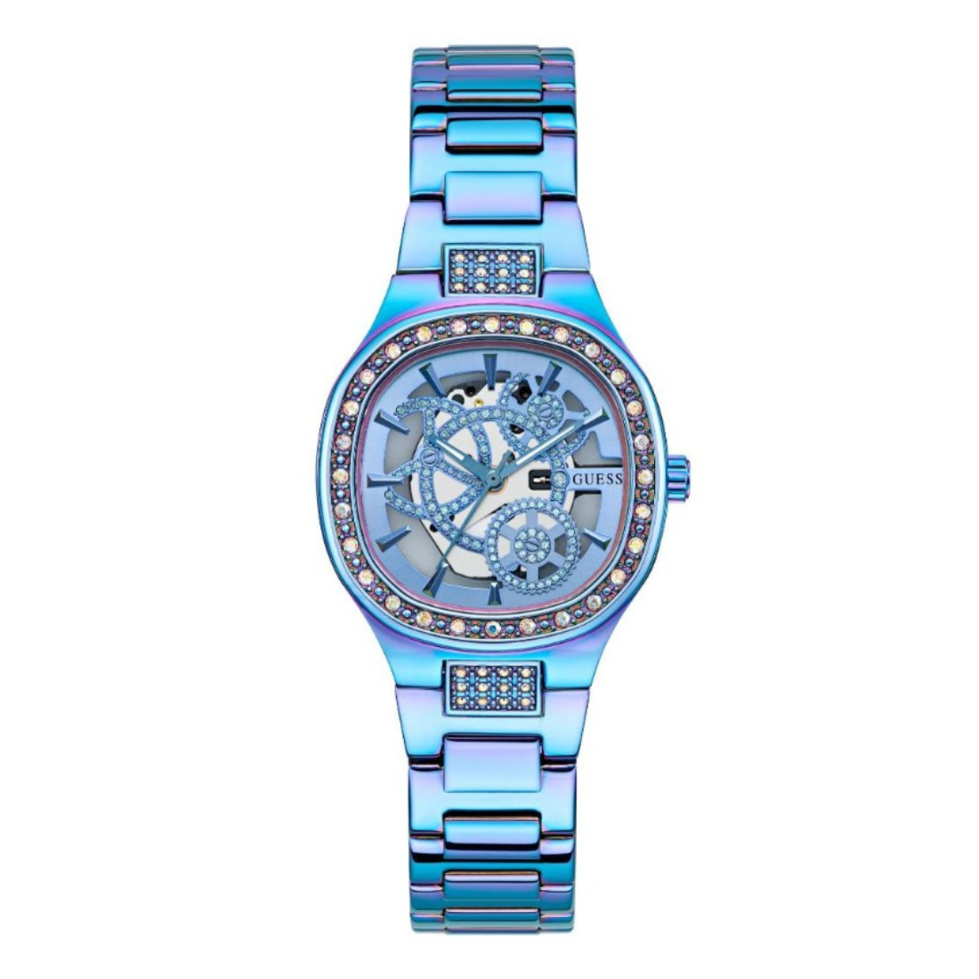 Blue watch with a detailed face on a white background