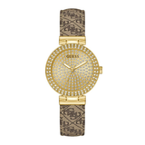 Gold watch with a patterned band on a white background