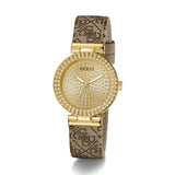 Gold and brown patterned watch with Guess logo on a white background