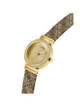 Gold watch with a patterned strap on a white background