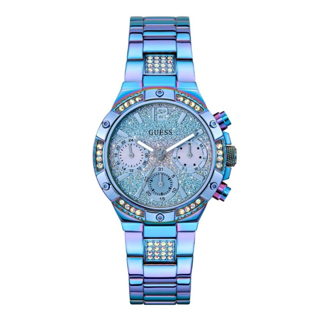 Multicolored watch with gemstone accents on a white background