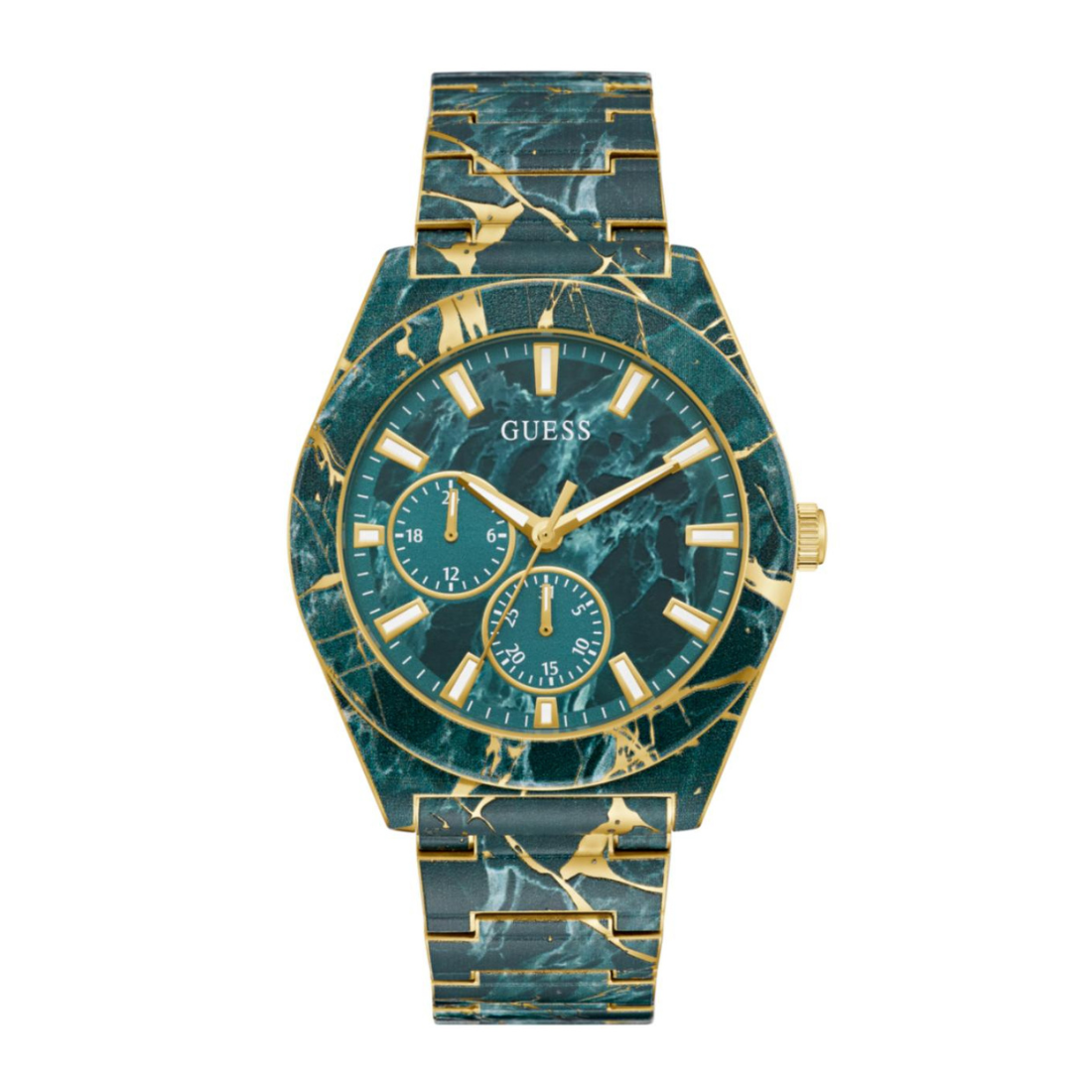 A Guess women's watch featuring a dark green and gold marble-patterned case and bracelet, with a matching green dial and gold-tone hands and indices.