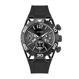 Black Guess watch with detailed face on a white background