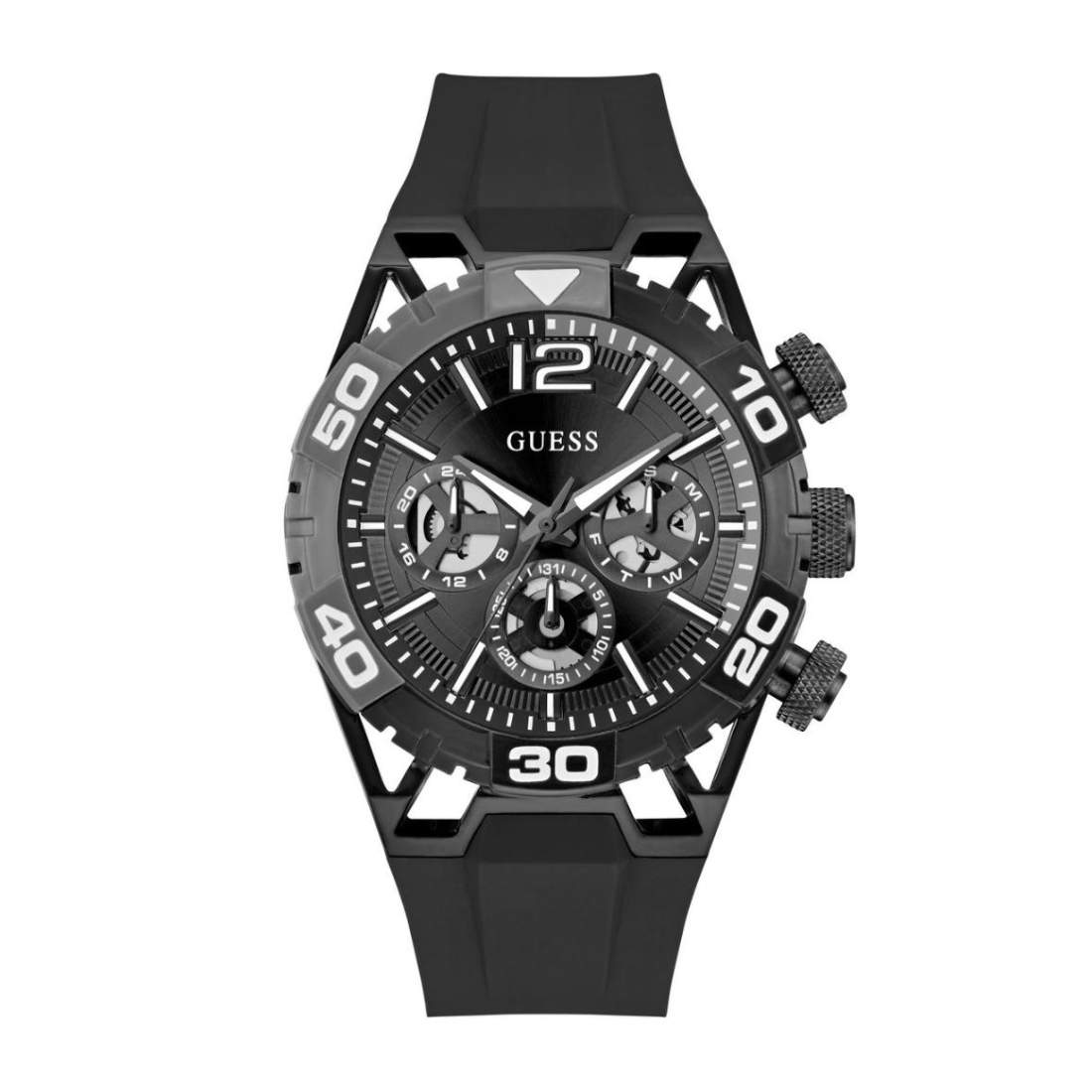 Black Guess watch with detailed face on a white background