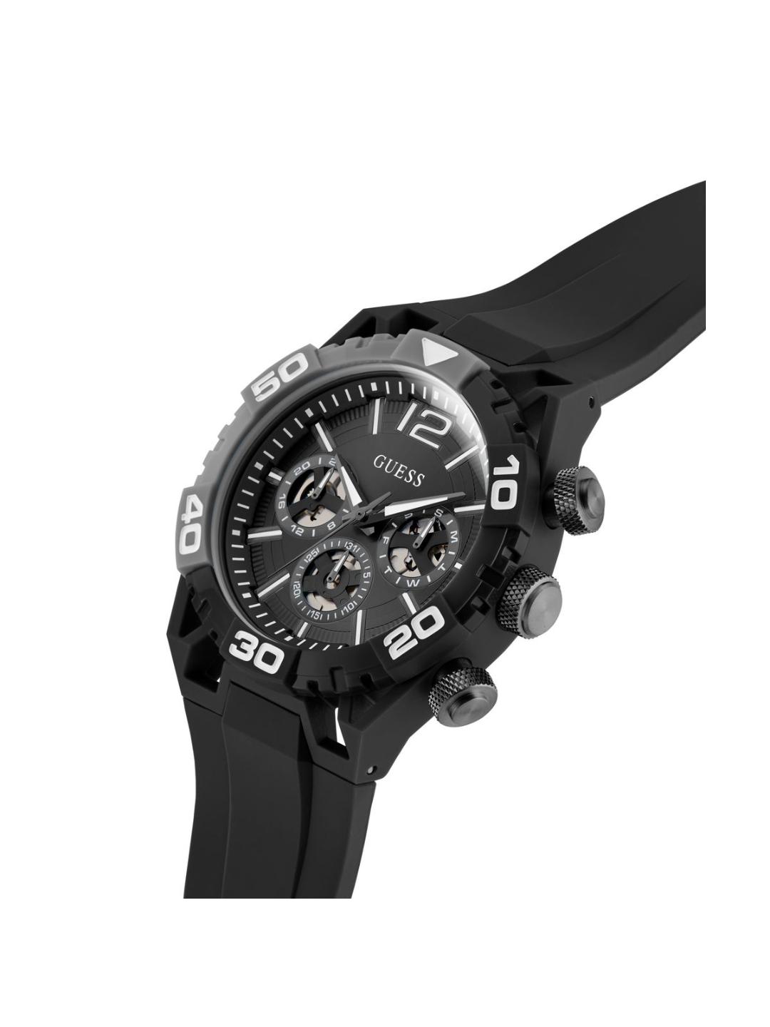 Black Guess watch with detailed face on a white background