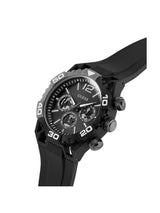 Black Guess watch with detailed face on a white background