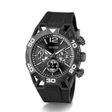 Black Guess watch with detailed face on a white background