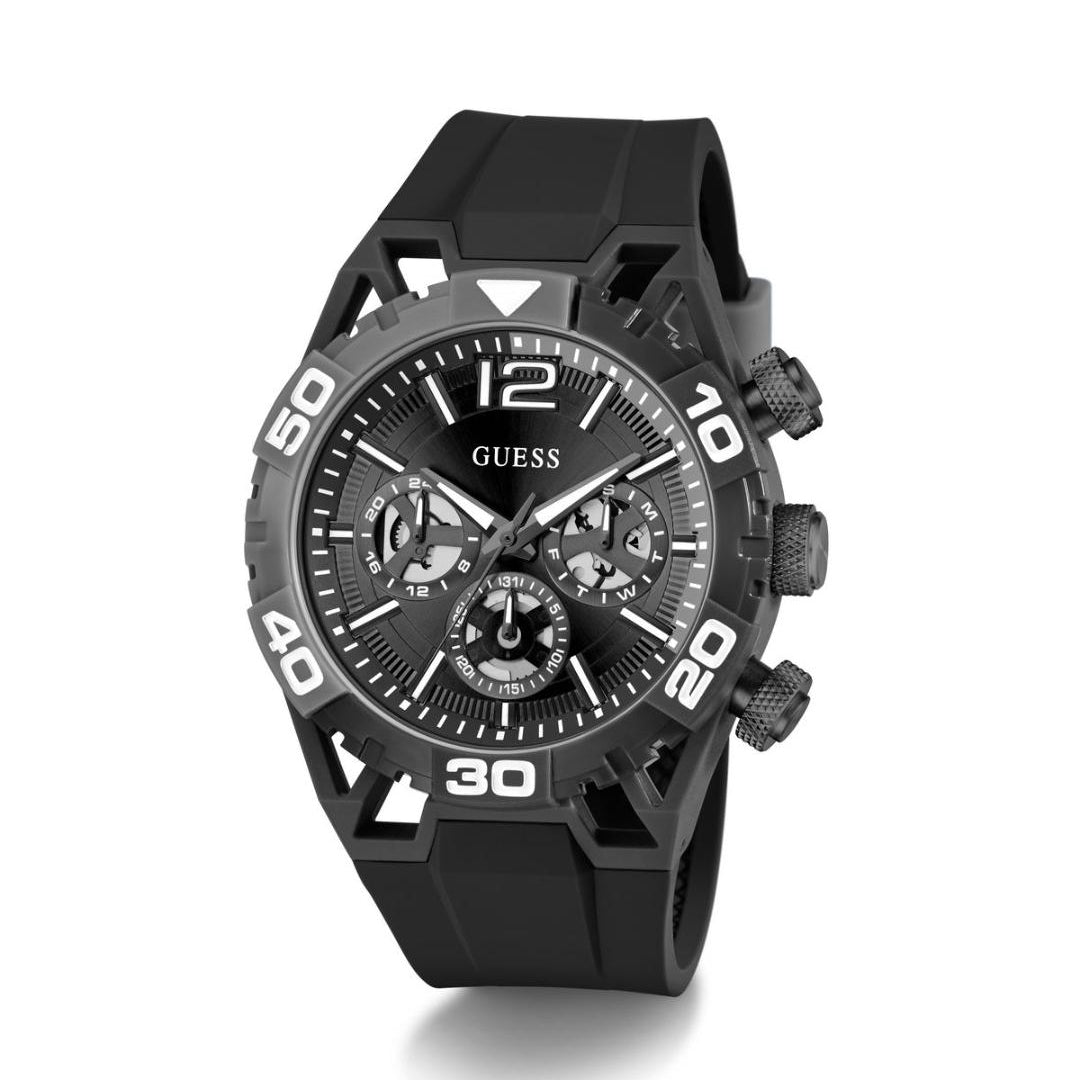 Black Guess watch with detailed face on a white background