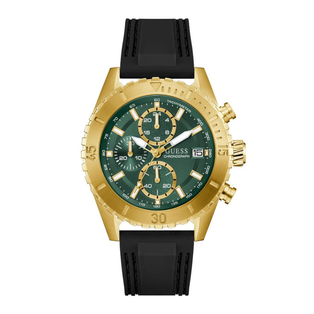 A Guess men's chronograph watch featuring a gold-tone case, a dark green dial with gold accents, and a black textured silicone strap, shown against a plain white background.