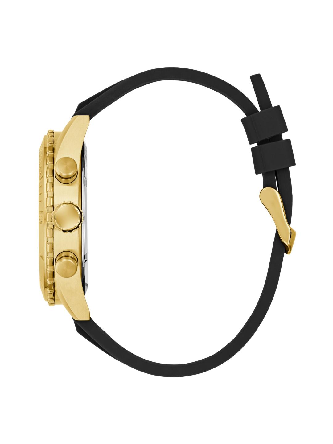 A gold-tone watch with a black rubber strap, shown from the side profile against a solid white background.