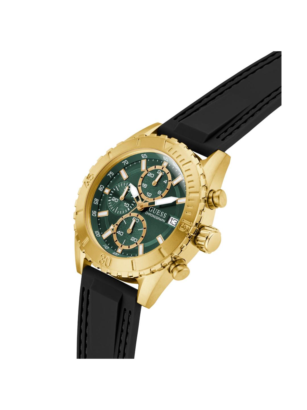 A Guess men's chronograph watch featuring a gold-tone case, a dark green dial with gold subdials and markers, and a black rubber strap, shown on a plain white background.