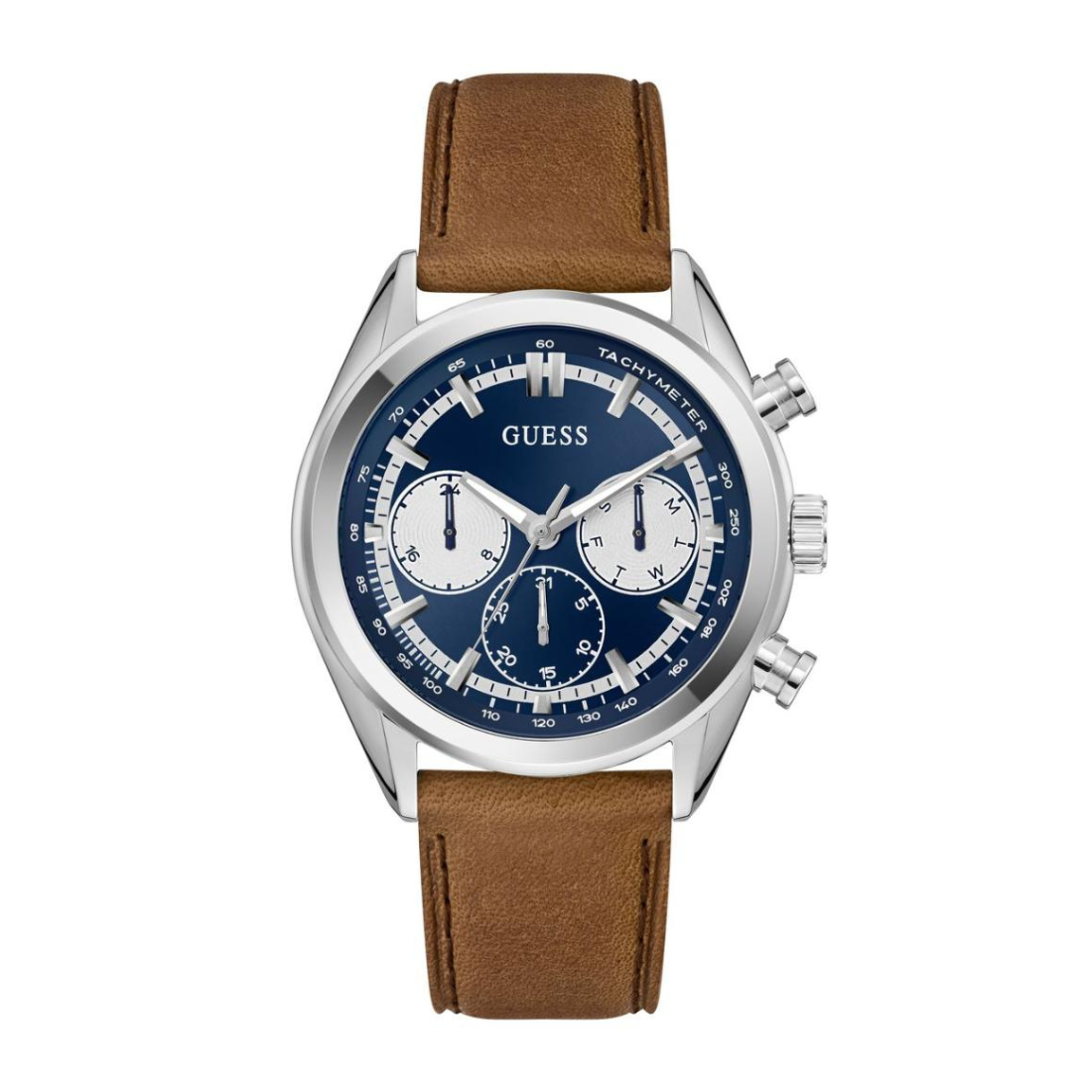 Watch with brown leather strap and blue face on a white background