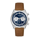 Watch with brown leather strap and blue face on a white background