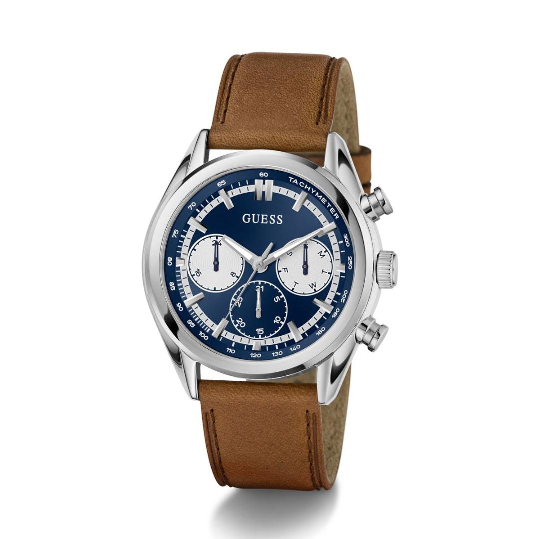 Guess watch with brown leather strap and blue dial on a white background