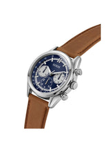 Watch with brown leather strap and blue dial on a white background