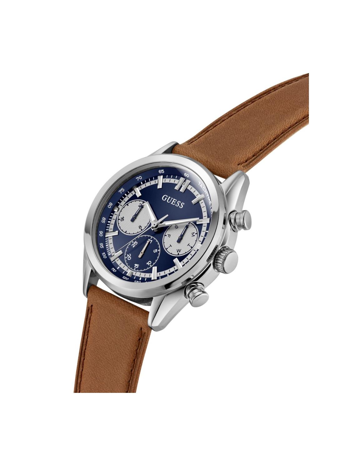 Watch with brown leather strap and blue dial on a white background