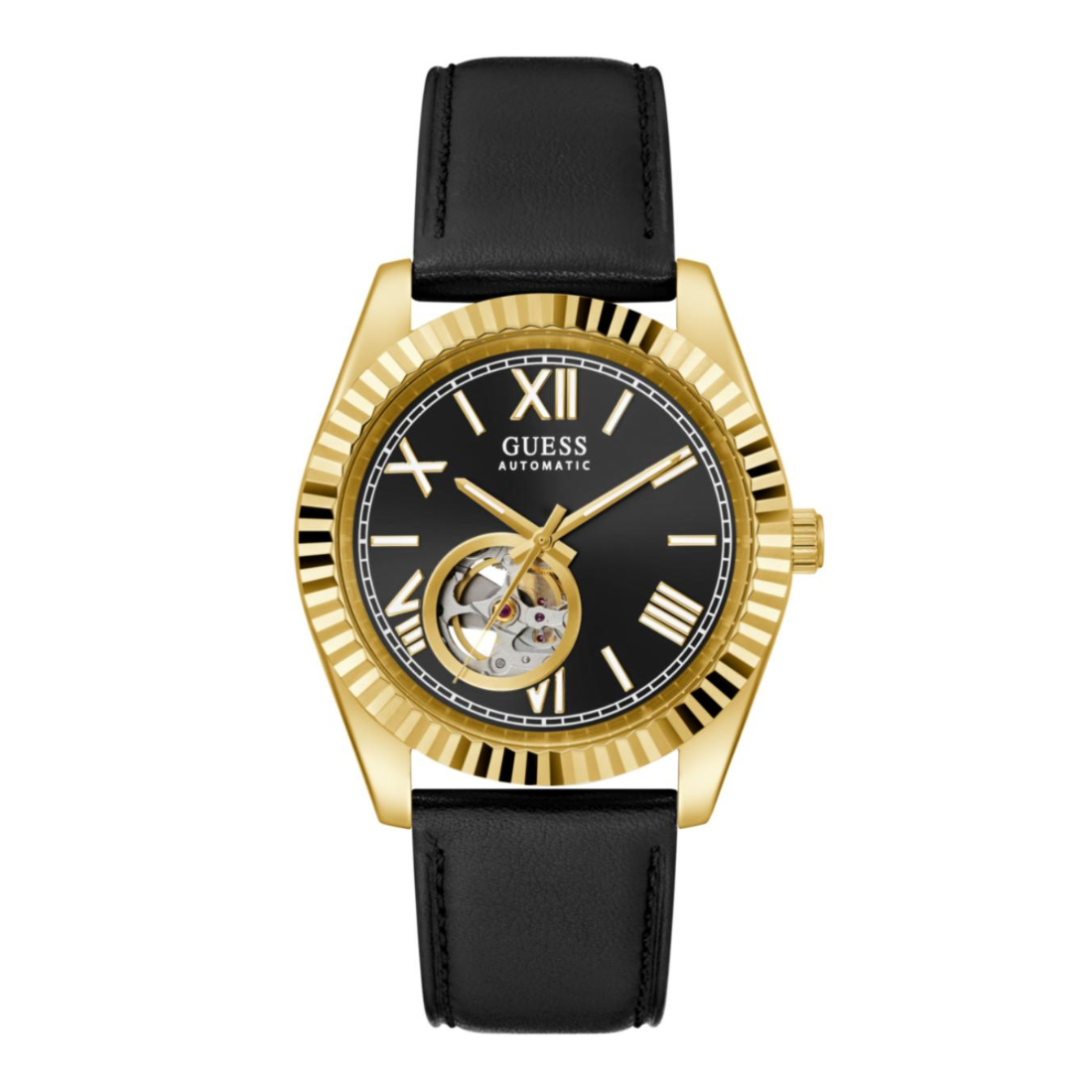 A Guess Automatic wristwatch with a gold-tone case, black dial with Roman numerals, and a black leather strap, shown against a plain white background.