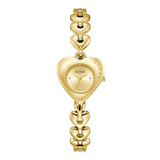 Gold heart-shaped watch with Guess brand on a white background