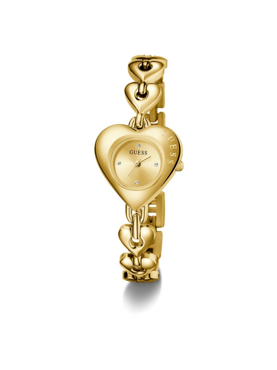 Gold heart-shaped watch with chain on a white background