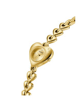 Gold heart-shaped watch with chain strap on a white background