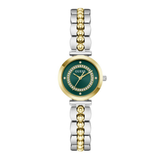A women's two-tone stainless steel and gold-tone wristwatch by Guess, featuring a round green dial with gold-tone hands and crystal-embellished hour markers, and a matching two-tone link bracelet.