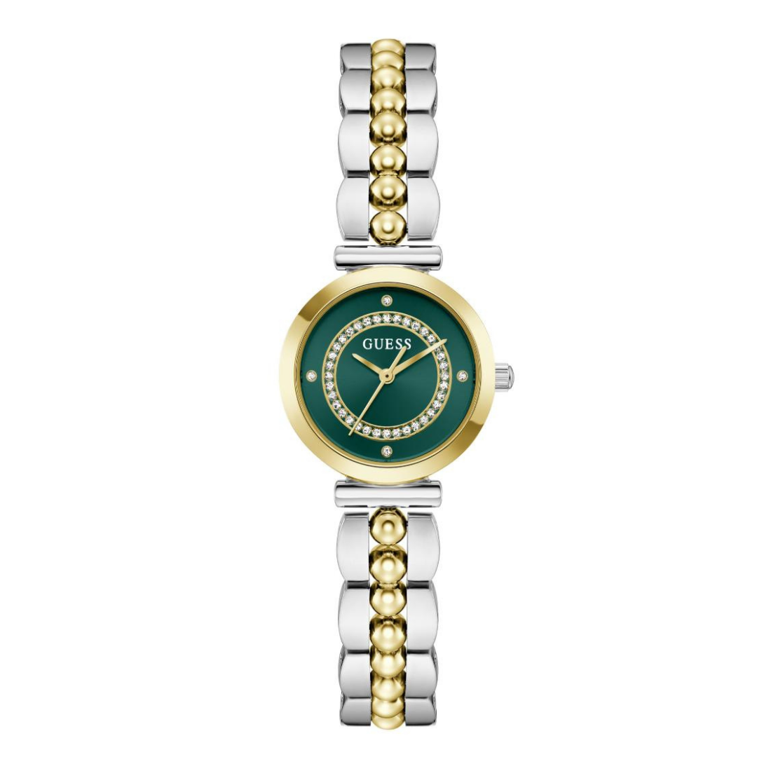 A women's two-tone stainless steel and gold-tone wristwatch by Guess, featuring a round green dial with gold-tone hands and crystal-embellished hour markers, and a matching two-tone link bracelet.