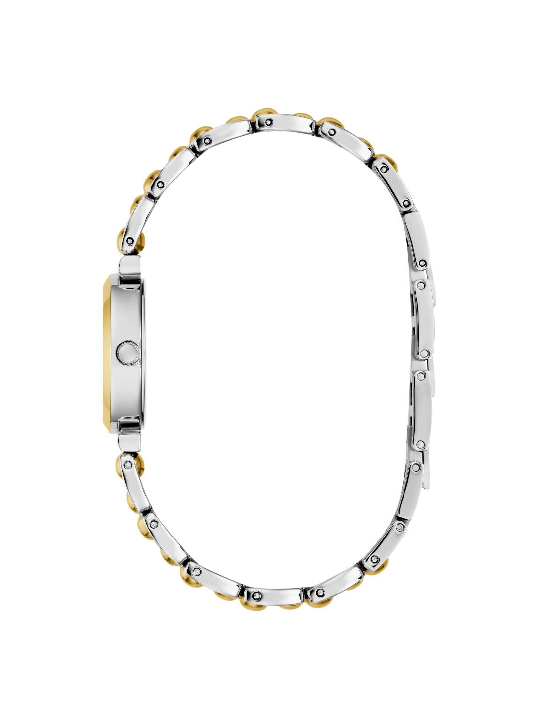 A two-tone watch with a silver-toned metal link bracelet and a gold-toned inner lining, shown from the side profile on a plain white background.
