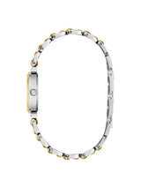A two-tone watch with a silver-toned metal link bracelet and a gold-toned inner lining, shown from the side profile on a plain white background.