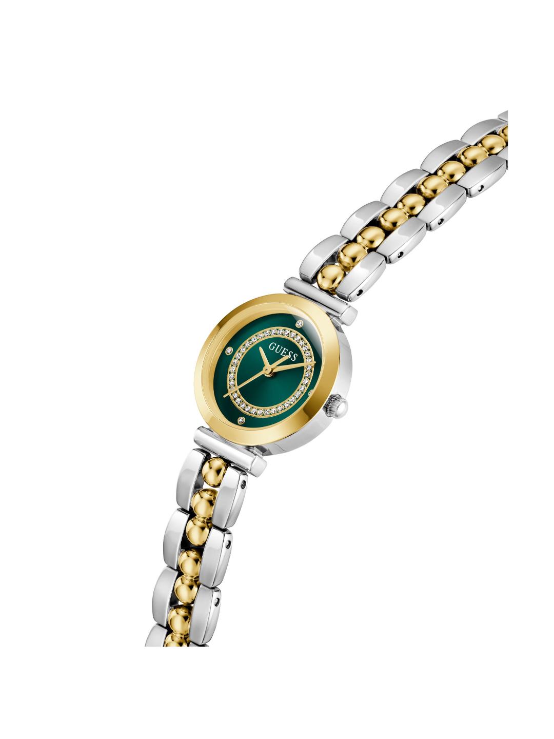 A two-tone silver and gold watch with a green dial and crystal-embellished bezel, shown on a plain white background.