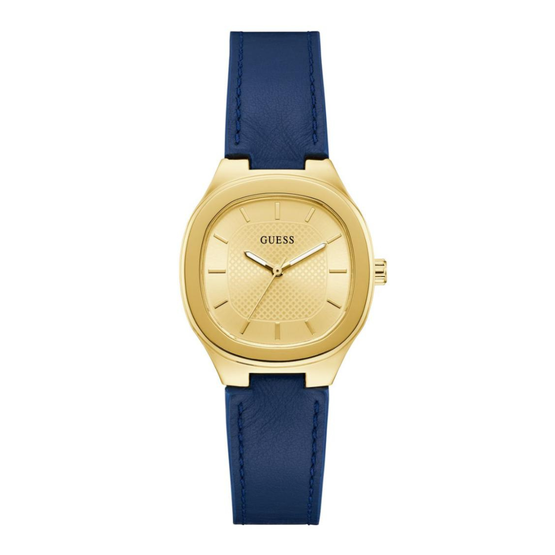 Gold watch with a blue strap on a white background