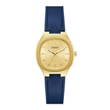 Gold watch with a blue strap on a white background