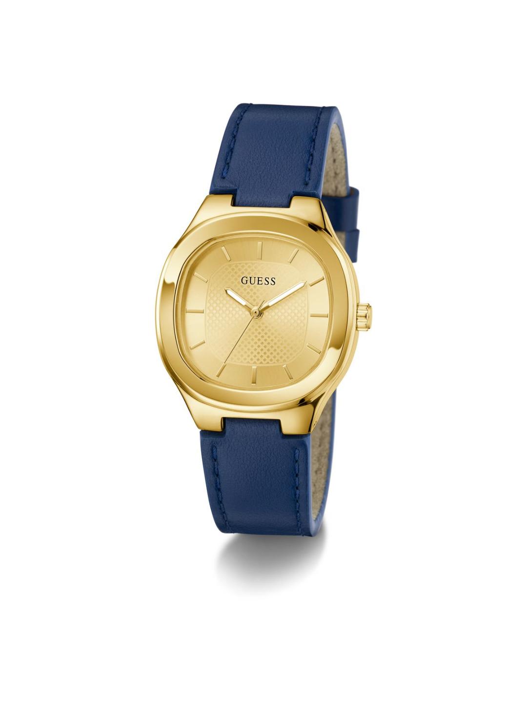 Gold watch with a blue strap on a white background