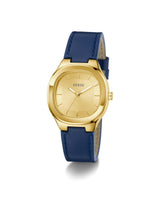 Gold watch with a blue strap on a white background