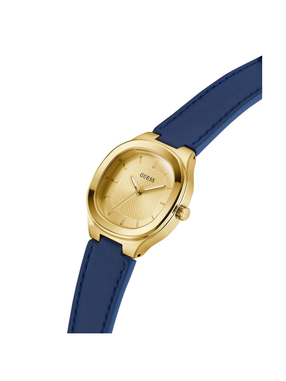 Gold watch with a blue strap on a white background