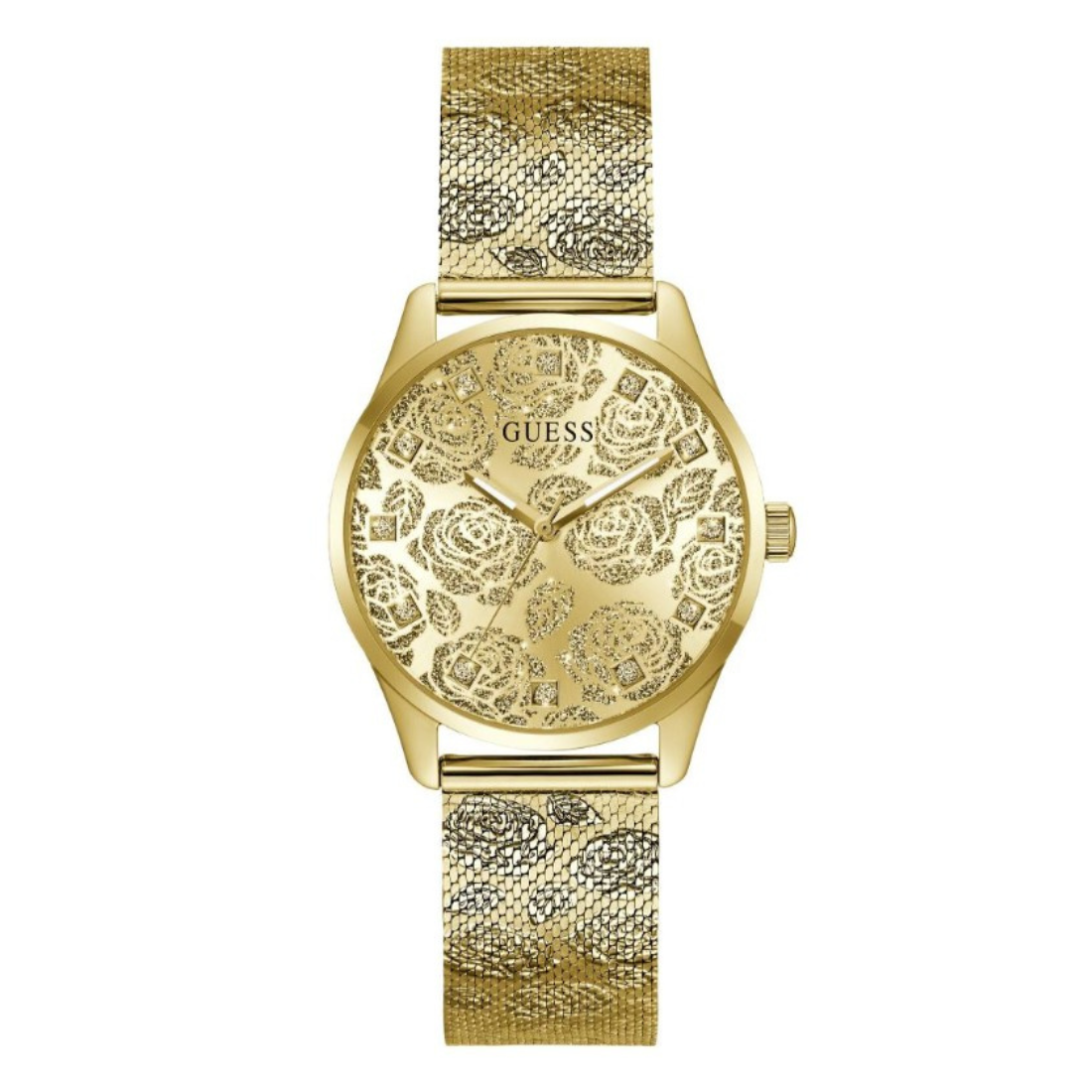 Gold watch with floral patterned face on a white background