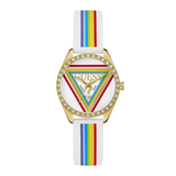 Watch with rainbow strap and colorful triangle design on a white background
