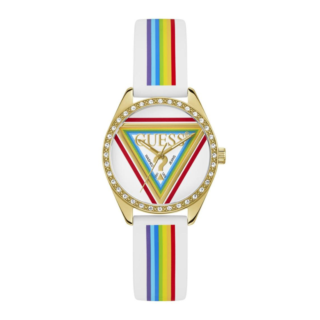 Watch with rainbow strap and colorful triangle design on a white background