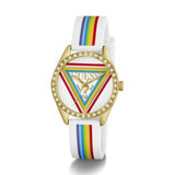 Guess watch with rainbow strap and logo on a white background